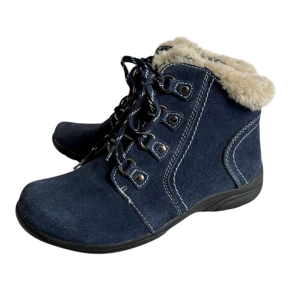 Earth Origins Crowley Navy Suede Faux Fur Lace Up Ankle Boots 11M NWOB - Picture 5 of 11